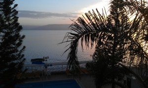 The Golan Heights across the Sea of Galilee, 6am on our first morning from our room